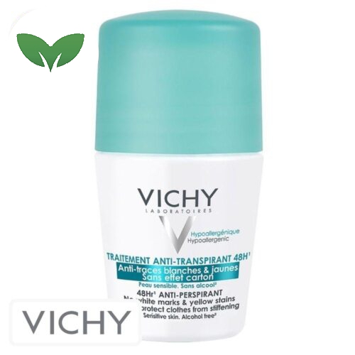 Vichy Déodorant Anti-Transpirant Anti-Traces Jaunes & Blanches 48h Roll-On Bille – 50ml